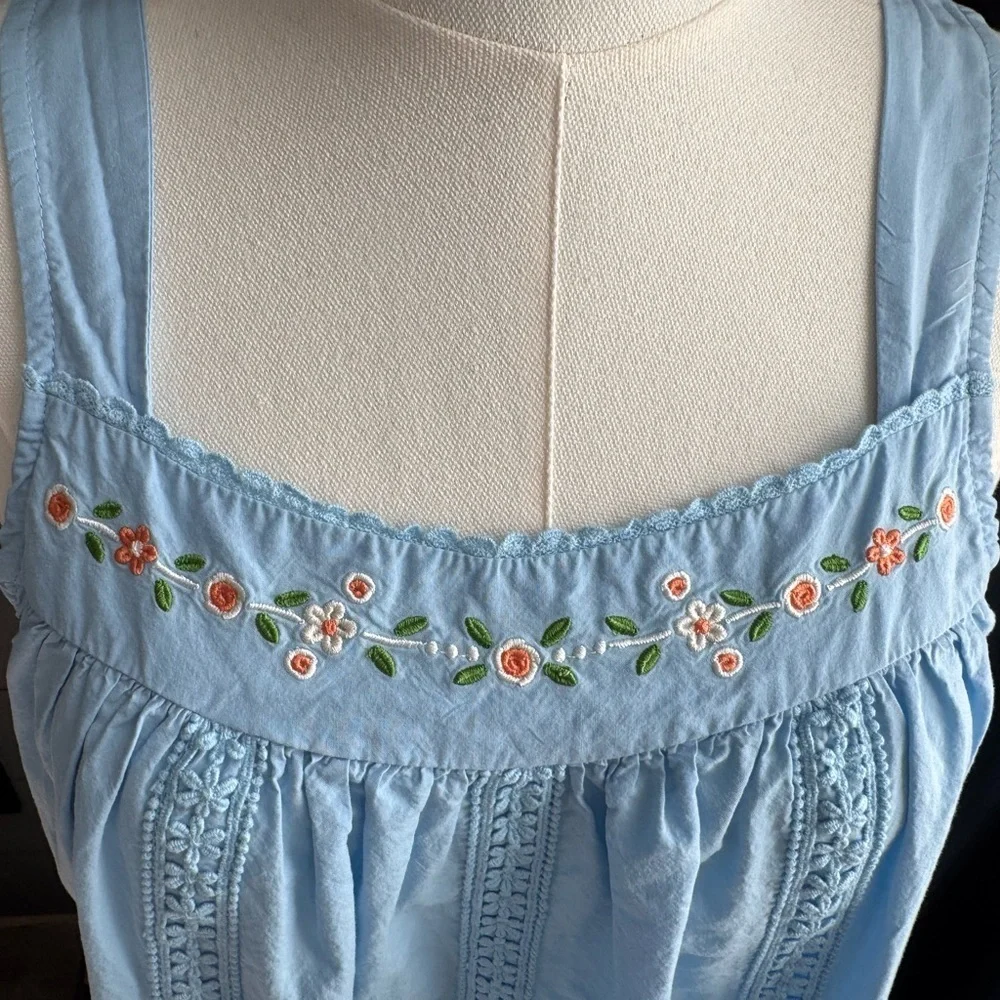 Yozly Blue Cottagecore Floral Cotton Day Dress Loungewear Nightgown Embroidered - Picture 2 of 8